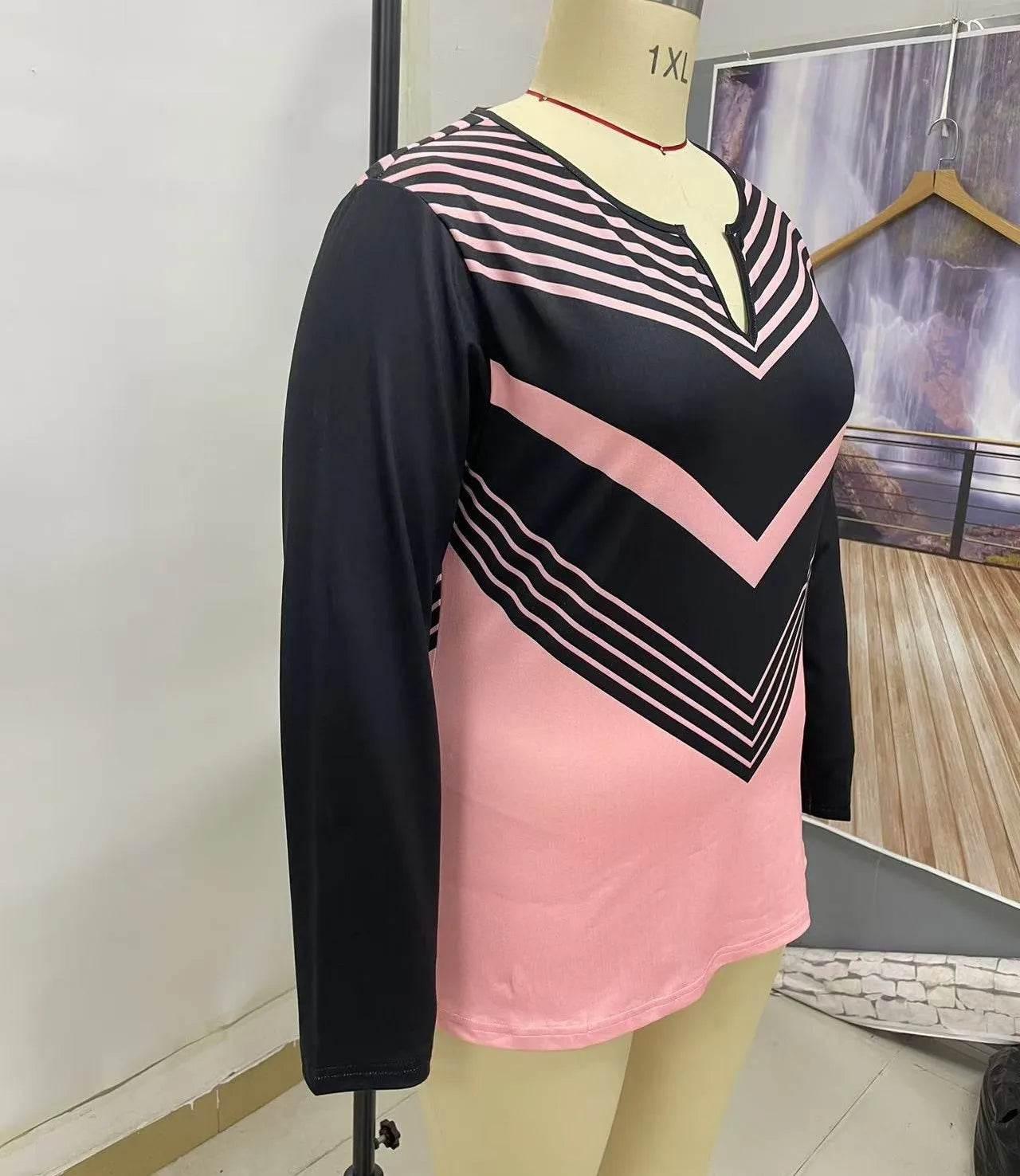 Women's Plus Size Fashion T-Shirt - Stylish Geometric Print V-Neck Long Sleeve Casual Top in Black and Pink - Empire P.E