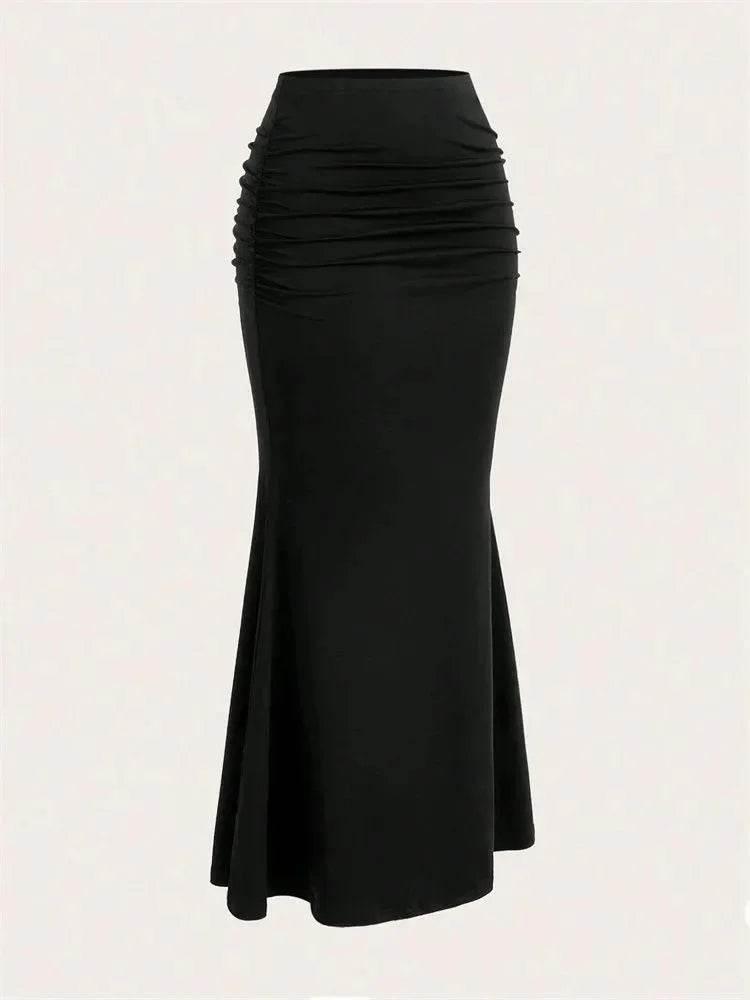 Solid Bodycon Ruched Long Skirt Women Sexy Black Elastic Elegant High Waist Mermaid Maxi Skirts Summer Streetwear 2024 - Empire P.E