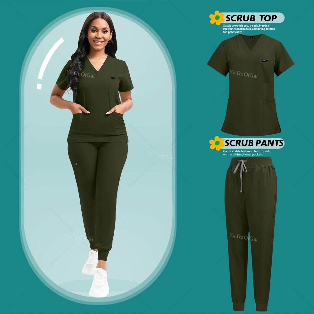 Stretch Scrubs Women Set Nursing Uniforms Clinical Scrubs Set Nurse Doctor Dustproof Workwear Medical Scrubs Top+ Jogger Pants - Empire P.E