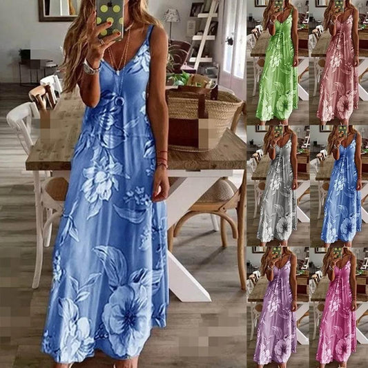 Woman Summer Long Dress Sling New Milk Silk Slim Floral Flowers Print Sleeveless V Neck Maxi Dresses Clothing Vestidos YRW6820 - Empire P.E