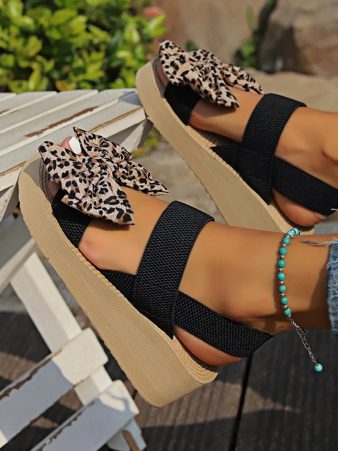 Women's Sexy Leopard Print Bow Wedge Thick Sole Sandals