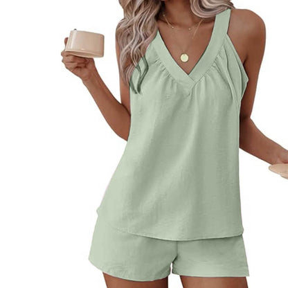 Women'S Summer Casual Suit New Urban Casual Women'S Solid Color Sleeveless Vest Elastic Shorts Home Clothes Two-Piece Set - Empire P.E
