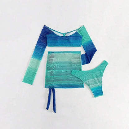 Blue Long Sleeve Swimsuit Bikinis 3 Piece Set