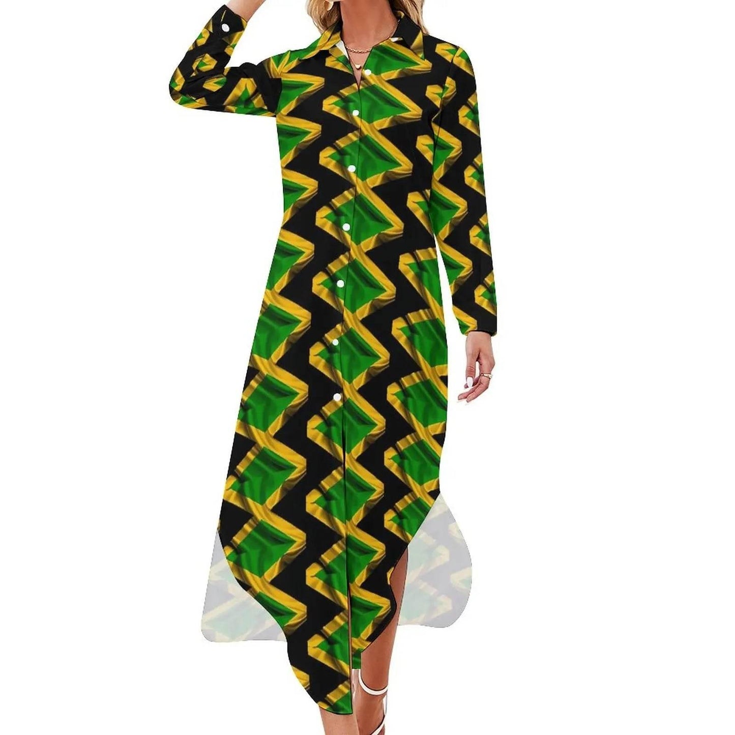 Patriotic Jamaica Flag Chiffon Dress Sexy V Neck Green Yellow Pretty Dresses Ladies Street Wear Casual Dress Gift - Empire P.E
