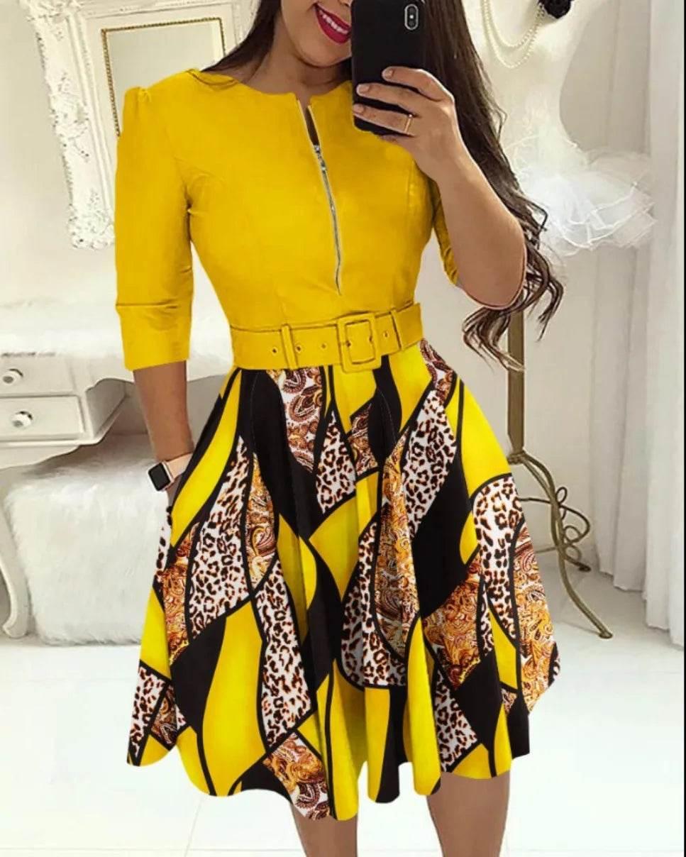 Dress for Women Streetwear 2023 Autumn and Winter Elegant Waist Wrapped Mid Long Sleeve Solid V-Neck Fashion Dresses with Belt - Empire P.E