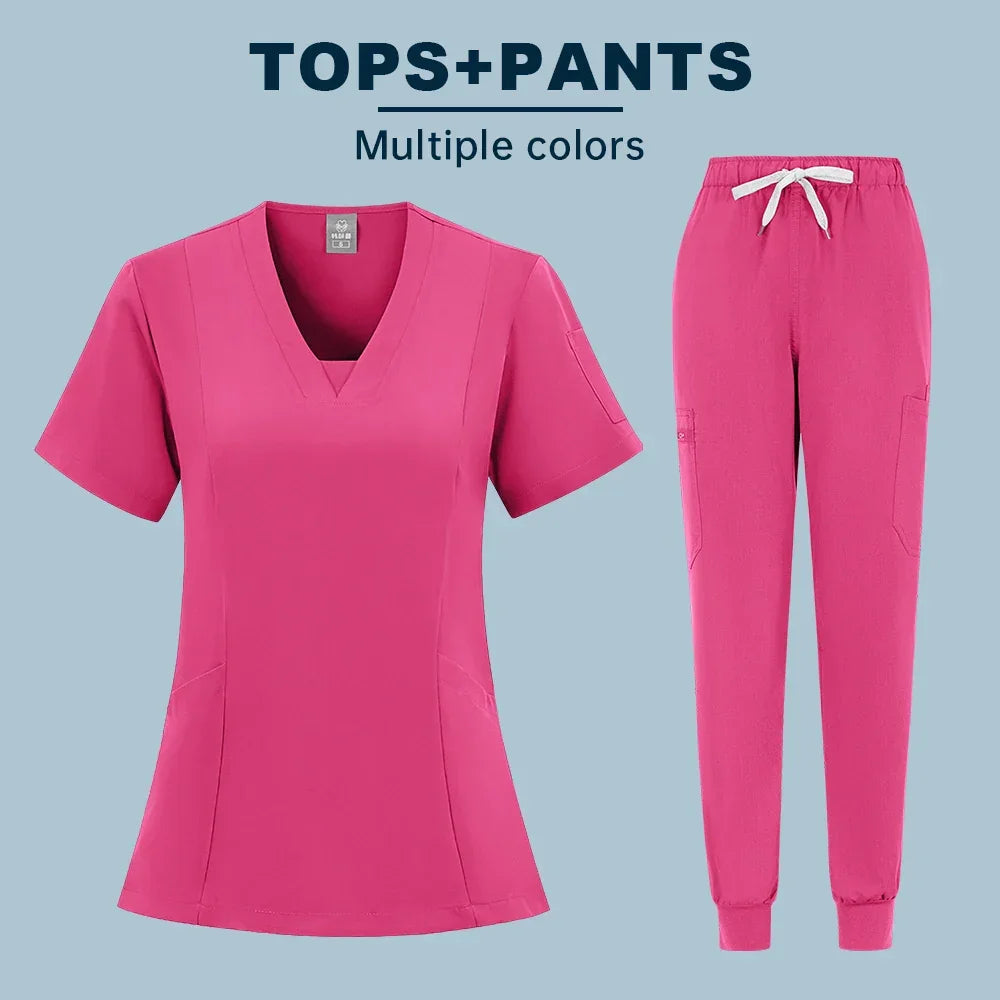 Two-piece Scrubs set Short Sleeve V Neck Pockets Drawstring Jogger Pants - Empire P.E