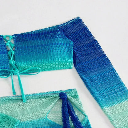 Blue Long Sleeve Swimsuit Bikinis 3 Piece Set