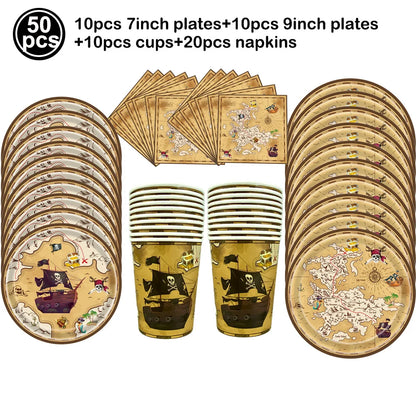 Pirate Party Decorations Dinner Plates Dessert Plates Cups Napkins Pirate Birthday Party Supplies for Kids Boys and Girls Party - Empire P.E