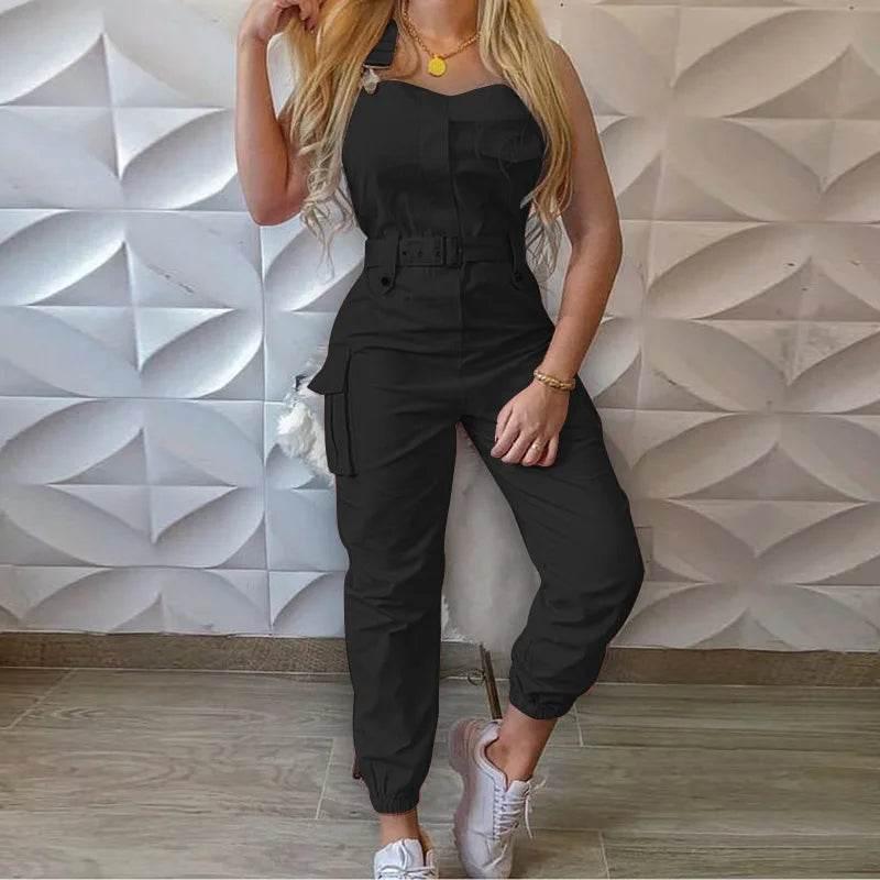 Autumn Women's Clothing Bodysuit Jumpsuit 2023 Simple Zipper Cargo High Waisted Conjoined Body Pants Sleeveless Strap Trousers - Empire P.E
