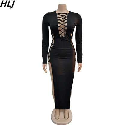HLJ Sexy Solid Hollow Out Bandage Slit Bodycon Mid Dresses