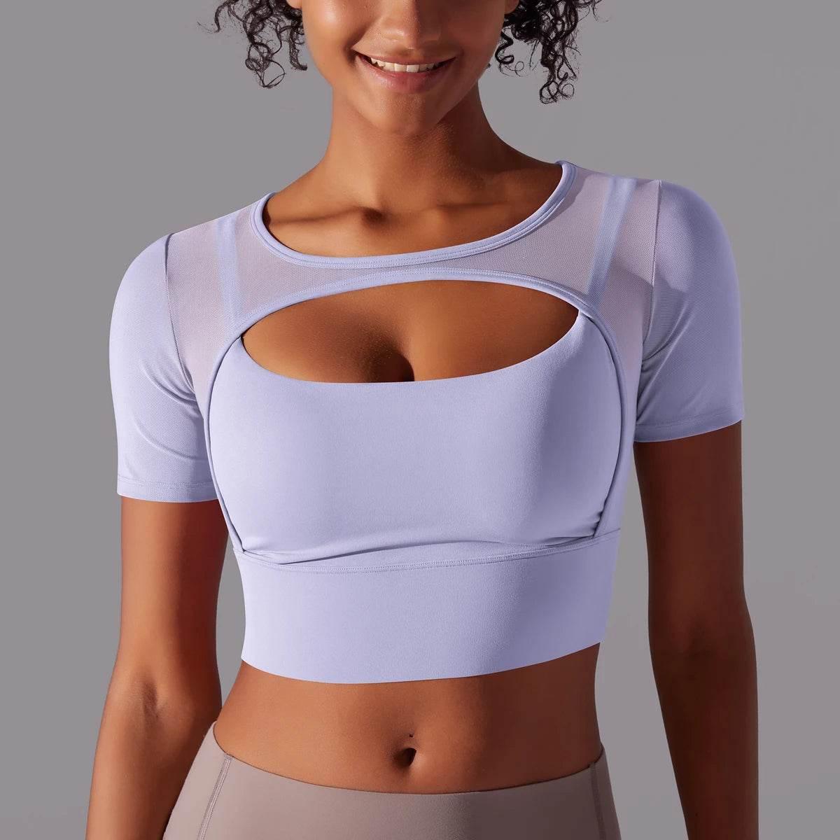 Solid Color Yoga Short Sleeve Sexy Double Layer Yoga Tank Top Spliced Mesh Yoga Clothing Top Fitness Running Sports Bra Women - Empire P.E