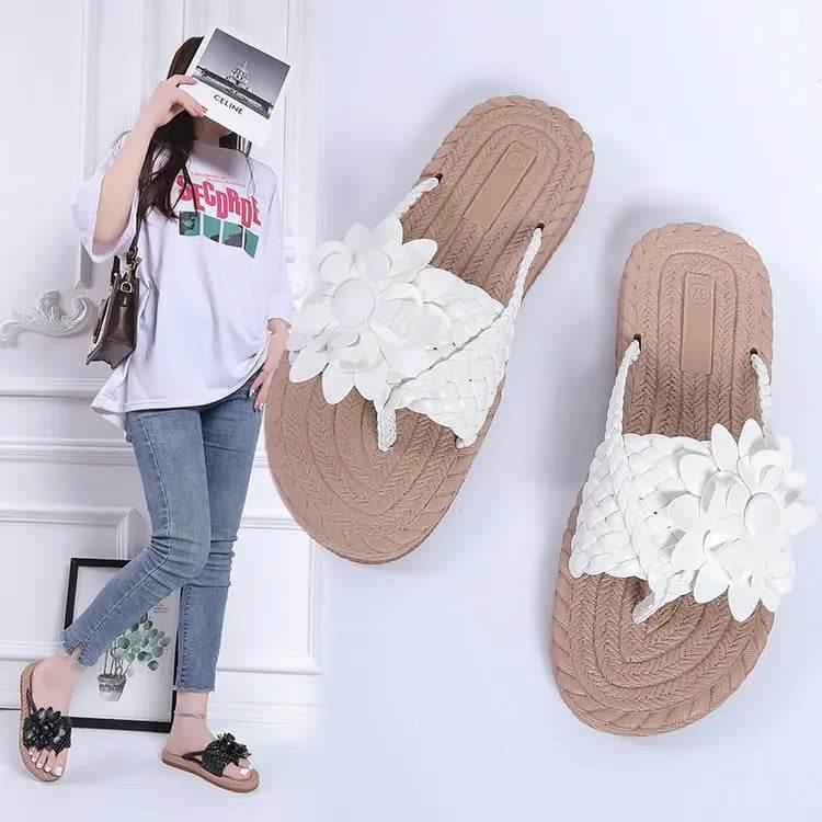 Slippers Women Ombre Floral Pattern Braided Casual Shoes Vacation Flat Holographic Braided Floral Pattern Toe Beach Flip Flops - Empire P.E