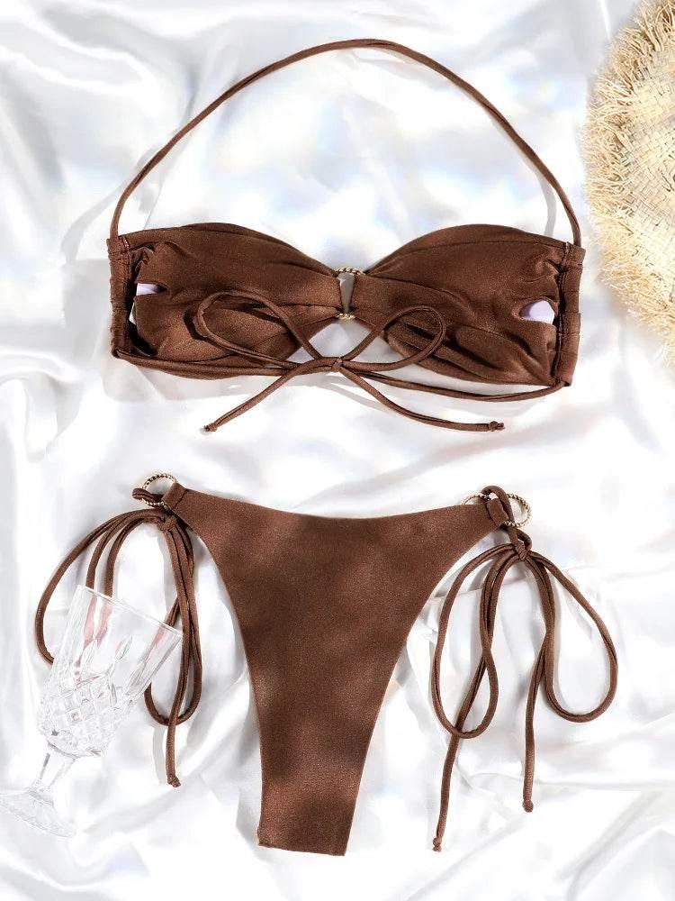 Solid Color Bikinis Push Up Swimwear Women Halter Bikini Set - Empire P.E