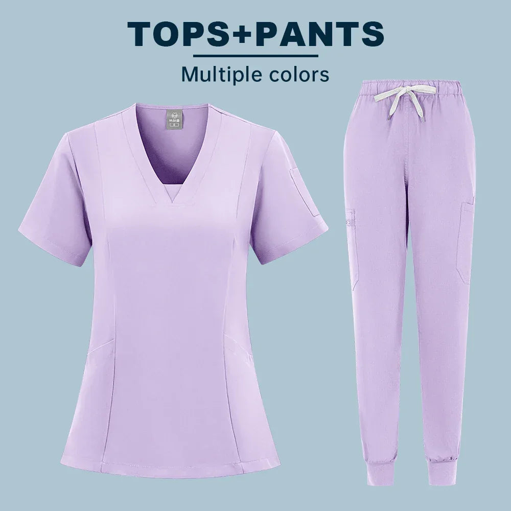 Two-piece Scrubs set Short Sleeve V Neck Pockets Drawstring Jogger Pants - Empire P.E