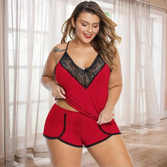 Plus Size Lace Camisole Tops+Short Pants - Empire P.E