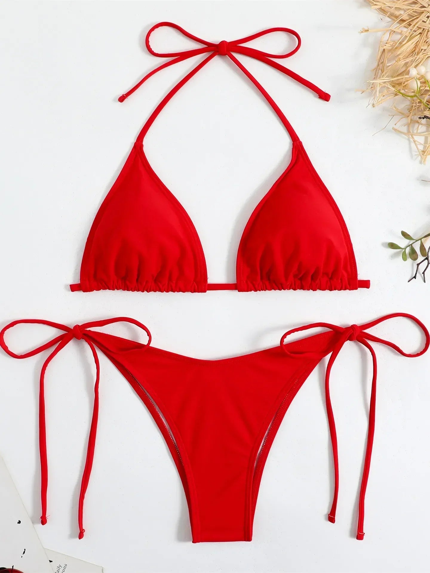 Women Solid Halter Push Up Bra Tie Side Triangle Swimsuit - Empire P.E