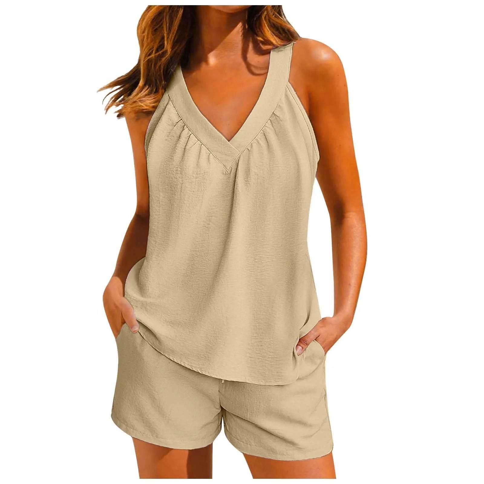 Women'S Summer Casual Suit New Urban Casual Women'S Solid Color Sleeveless Vest Elastic Shorts Home Clothes Two-Piece Set - Empire P.E