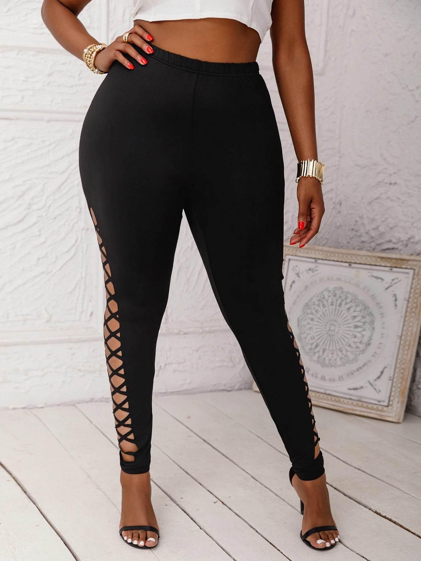 Plus Size Leggings For Women Clothing with Lattice Cutouts Mid-Waisted Stretchy Solid Color Female Knit Pants for Casual Outing - Empire P.E