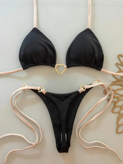 Metal Heart-shaped Halter Mini Micro Thong Bikini