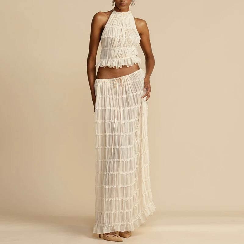 Women Boho Sexy Backless Matching Suit 2 Piece Beach Holiday Outfits Vintage Ruched Halter Cami Tops + Maxi Long Skirt Party - Empire P.E