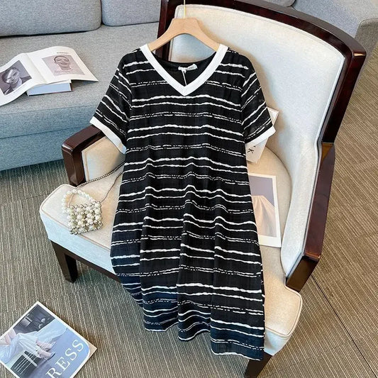 Plus Size Thin V Neck Vintage T Shirt Dress - Empire P.E