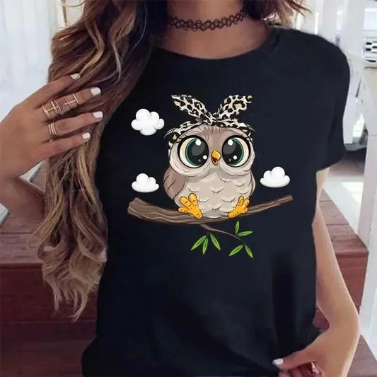 Cartoon Owl Print T Shirt Women Kawaii Graphic Shirts