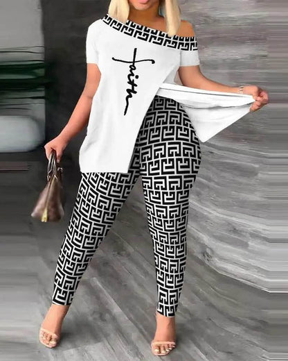 Elegant Women Two Piece Set Suits New Fashion Printed Ruffle Sleeve Top Solid Color Pants Set With Belt Blouses Female Clothing - Empire P.E
