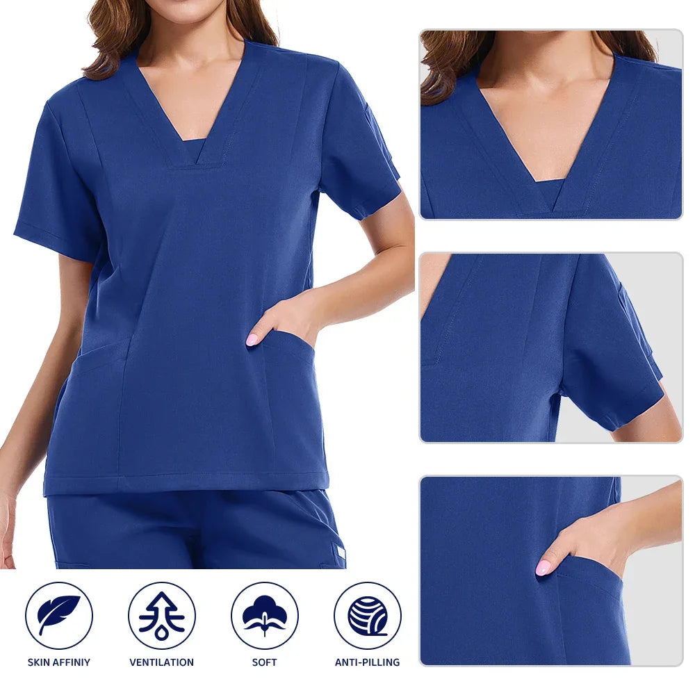 Two-piece Scrubs set Short Sleeve V Neck Pockets Drawstring Jogger Pants - Empire P.E