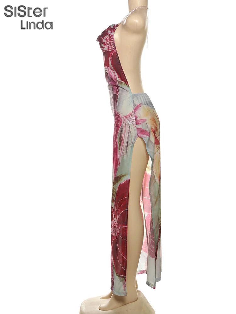 Sisterlinda Autumn Release Junior Ankle-Length Sexy High Street Dress K24D57158Girl Printing Slim Cleavage Backless Fashion Robe - Empire P.E