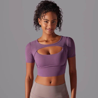 Solid Color Yoga Short Sleeve Sexy Double Layer Yoga Tank Top Spliced Mesh Yoga Clothing Top Fitness Running Sports Bra Women - Empire P.E