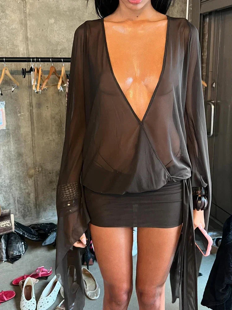 Mini Dress Sexy See Through Chic Long Sleeve Deep Low Neck - Empire P.E
