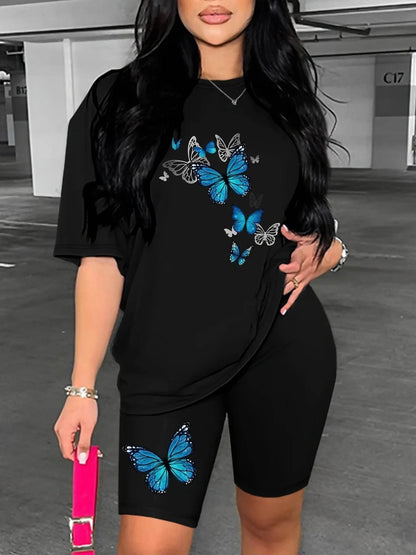 Conjuntos Para Mujeres 2 Piezas Women's Butterfly Printed Two-piece Set, Short Sleeved T-shirt, Round Neck, Shorts, Summer - Empire P.E