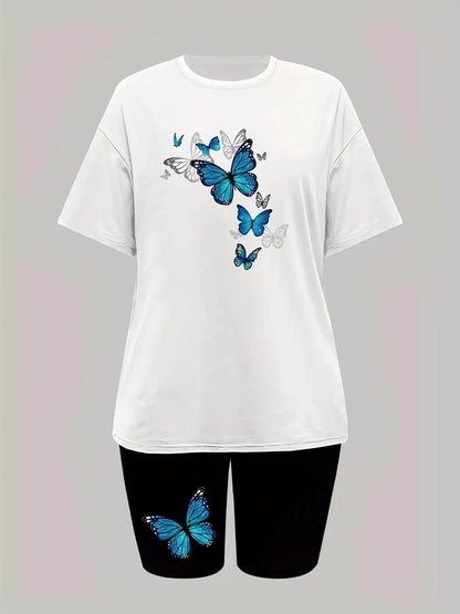 Conjuntos Para Mujeres 2 Piezas Women's Butterfly Printed Two-piece Set, Short Sleeved T-shirt, Round Neck, Shorts, Summer - Empire P.E