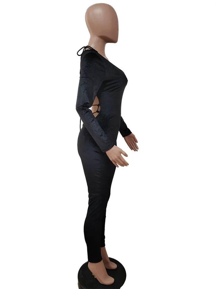 Women Sexy Velvet Lace-up Long Sleeve Backless Skinny Jumpsuit - Empire P.E