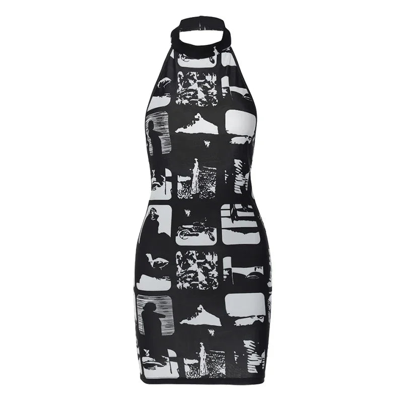 Hugcitar Vintage Print Halter Sleeveless Backless Sexy Slim Bodycon Mini Dress 2023 Summer Y2K Outfit Streetwear Nightclub Biker - Empire P.E