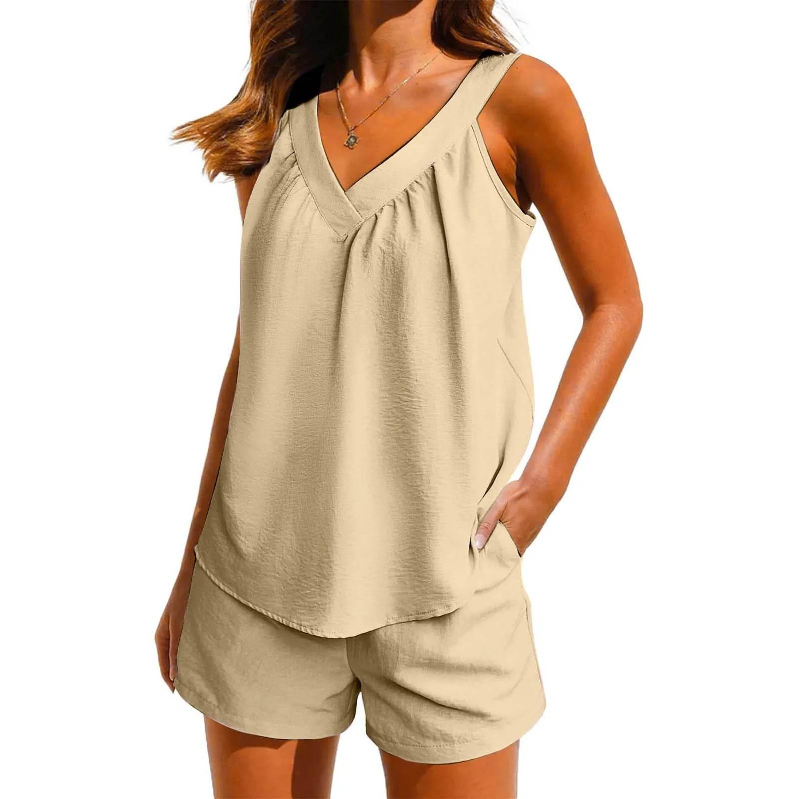 Women'S Summer Casual Suit New Urban Casual Women'S Solid Color Sleeveless Vest Elastic Shorts Home Clothes Two-Piece Set - Empire P.E