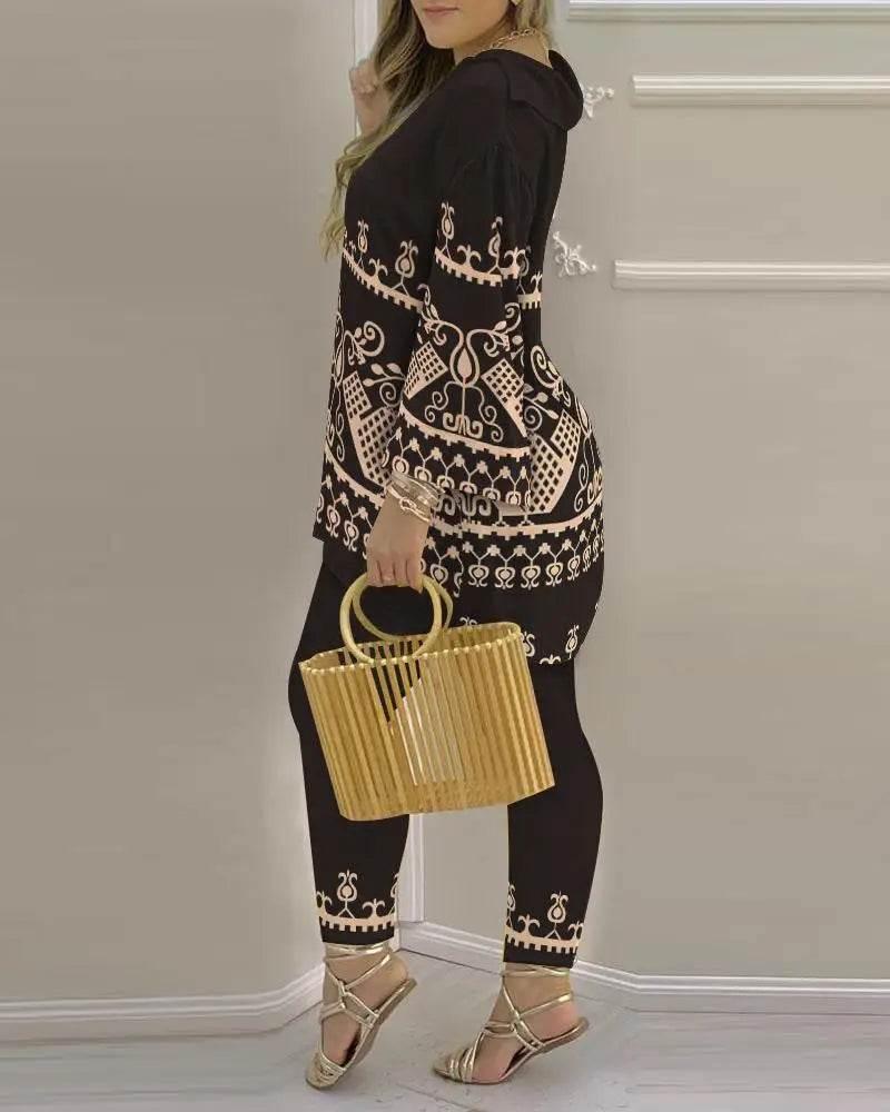 Women Print V Neck Tops Pant Sets Full Sleeve Pullover Two Piece Suit Elastic Waist Trousers Splice Shirts Autumn Regular Fit - Empire P.E