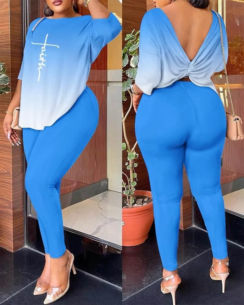 Autumn Women's New Fashion Printed Suit Round Neck Sexy Backless Quarter-sleeved Trousers Casual And Comfortable Two-piece Set - Empire P.E