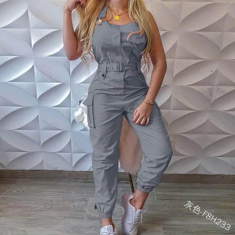 Autumn Women's Clothing Bodysuit Jumpsuit 2023 Simple Zipper Cargo High Waisted Conjoined Body Pants Sleeveless Strap Trousers - Empire P.E