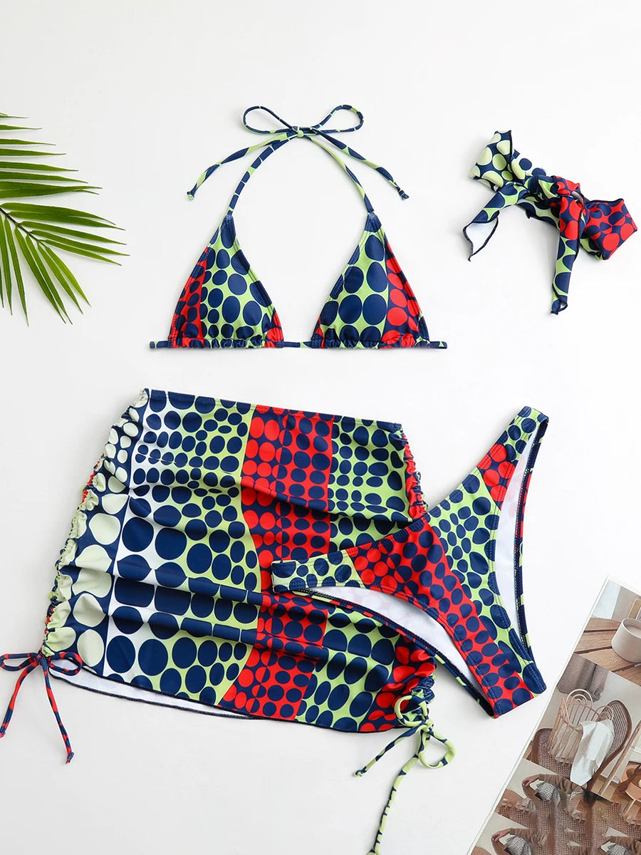 4 Pieces Random Dot Print Tie Side Halter Bikini Set & Beach Skirt