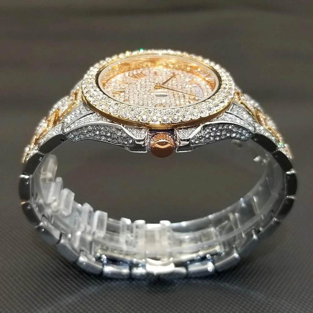 Luxury Shiny Diamond Watch For Men Hip Hop Trendy Iced Out Quartz Watches High Quality Stainless Steel Waterproof Day Date Clock - Empire P.E
