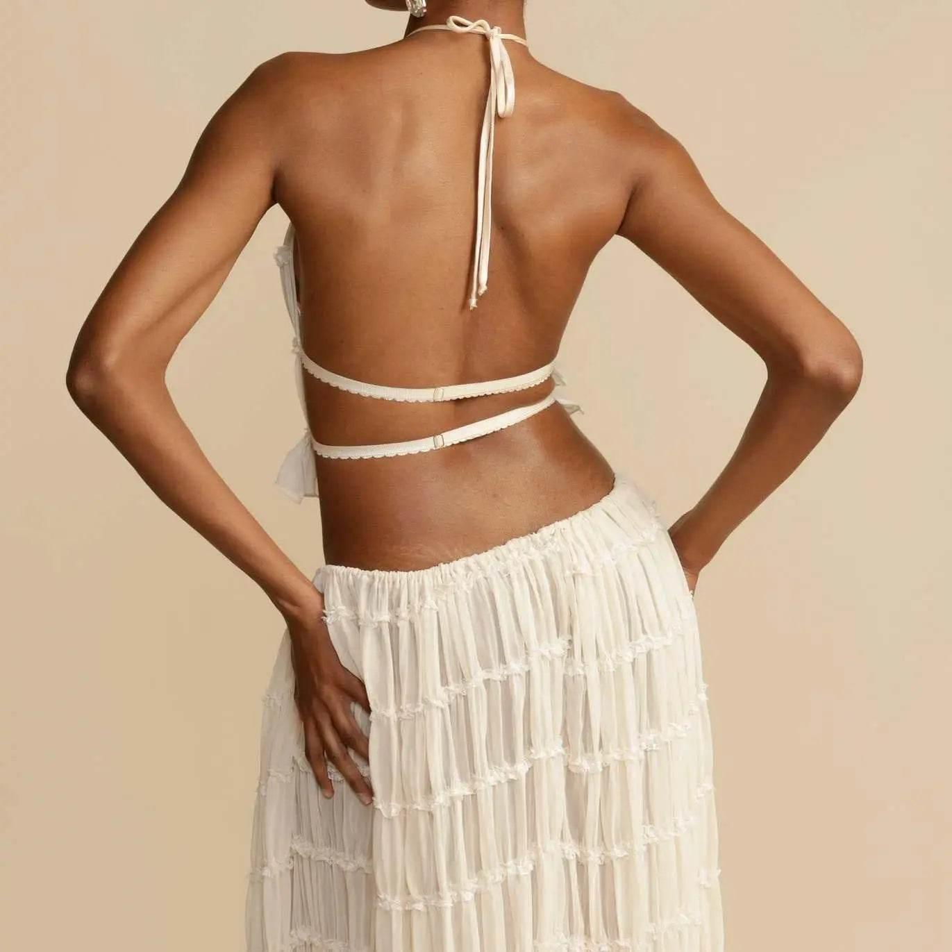 Women Boho Sexy Backless Matching Suit 2 Piece Beach Holiday Outfits Vintage Ruched Halter Cami Tops + Maxi Long Skirt Party - Empire P.E