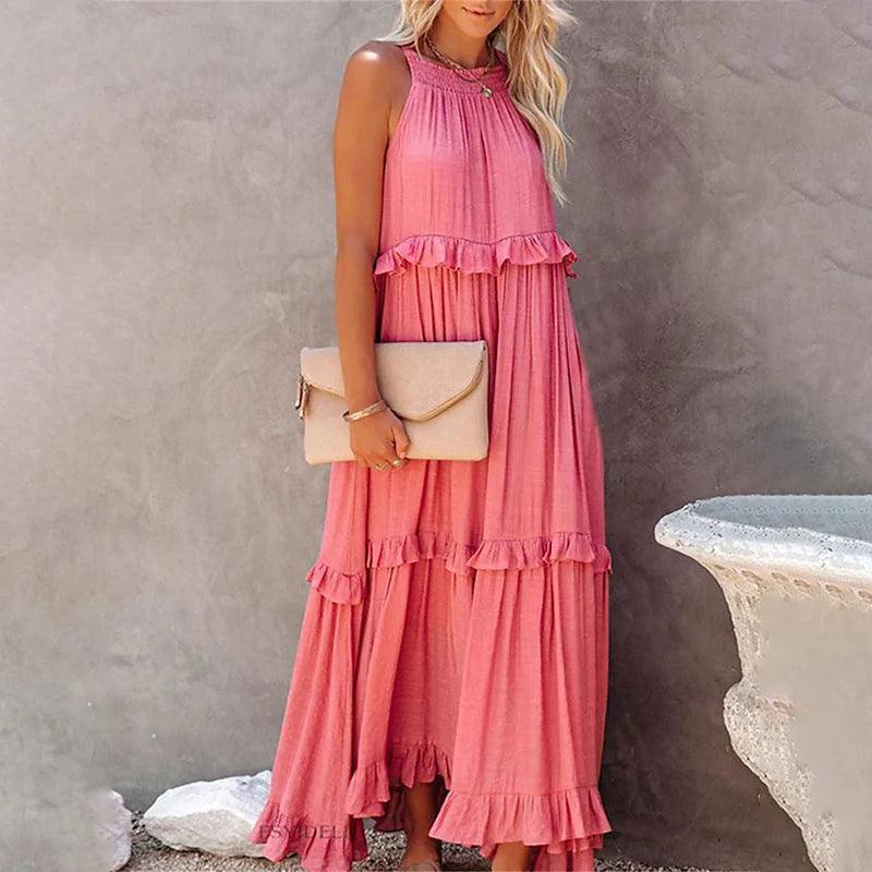 Women Casual Solid Ruffles Long Dress - Empire P.E