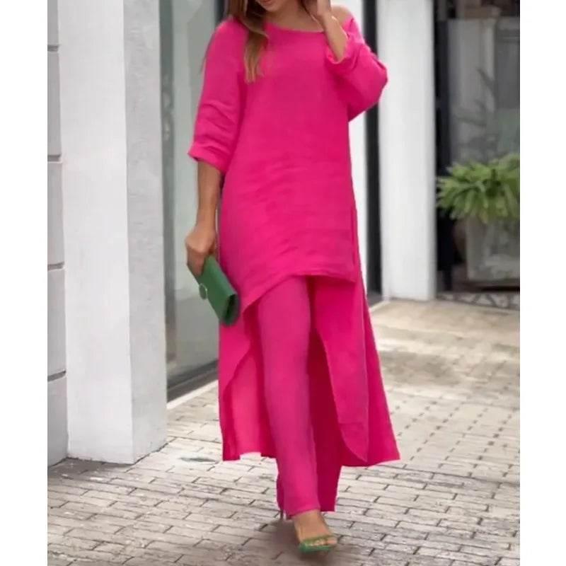 Women's Cotton Linen Long Pants Sets Fashion Solid Casual Irregular Tops Wide Leg Pant Suits Office Lady Two Piece Sets Clothes - Empire P.E