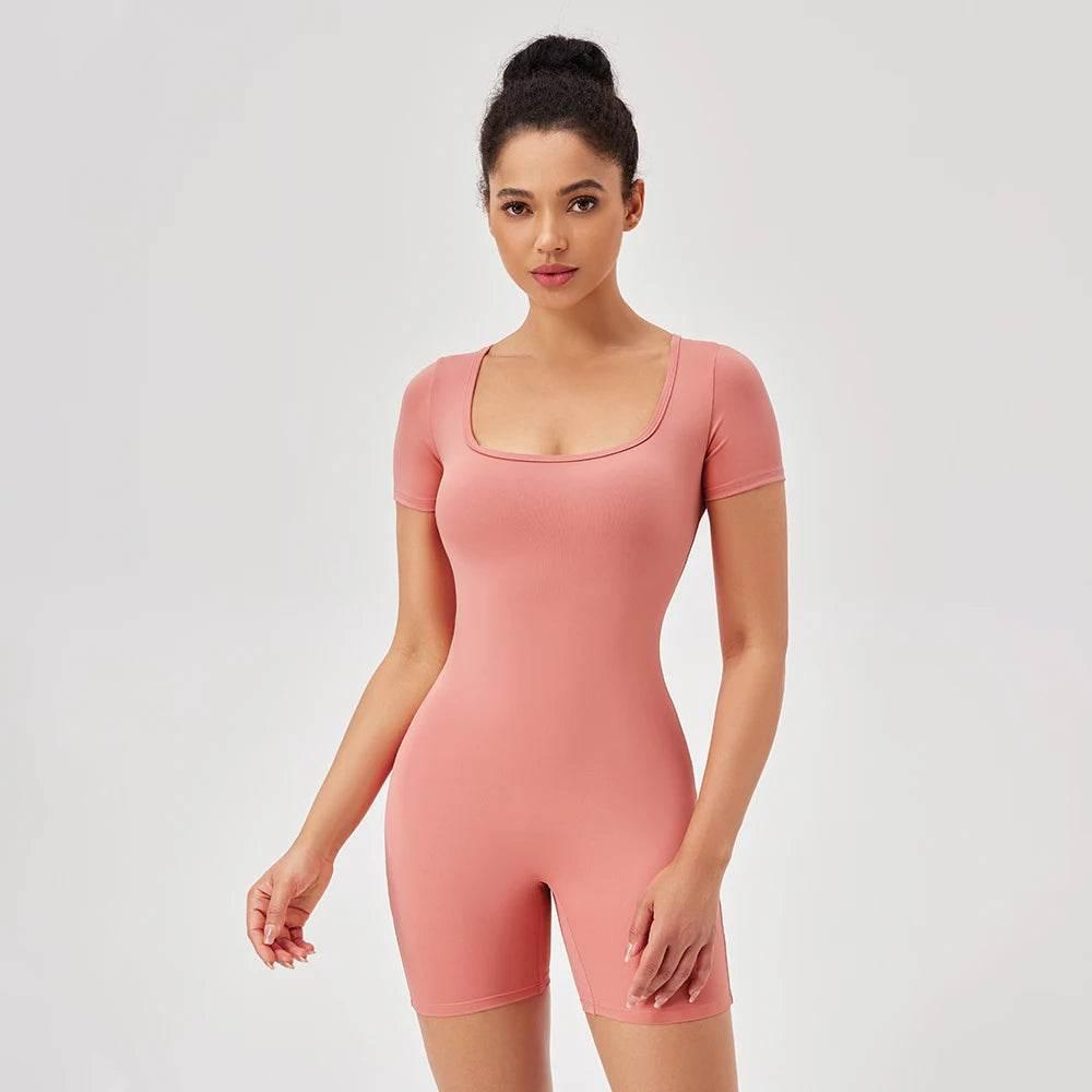 Fashion Women Yoga Suit Short Sleeve Gym Sports Jumpsuit Solid Color Workout Yoga Bodysuit Square Neck Yoga Set Sportswear - Empire P.E