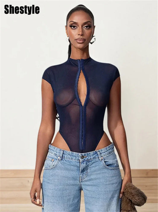 Navy Blue Mesh See-Through Bodysuit Women 2025 - Empire P.E