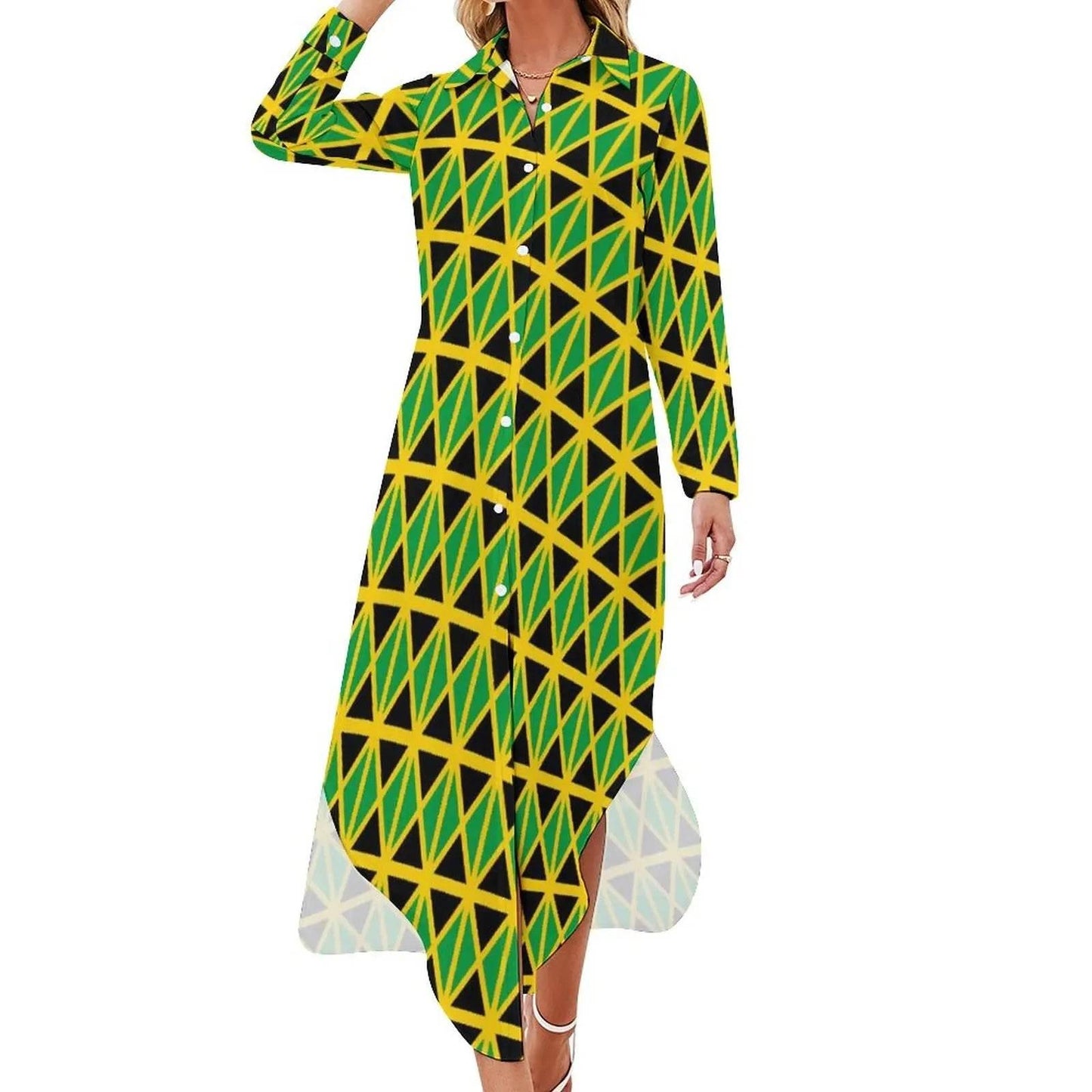 Patriotic Jamaica Flag Chiffon Dress Sexy V Neck Green Yellow Pretty Dresses Ladies Street Wear Casual Dress Gift - Empire P.E