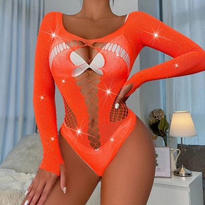 Women Sexy Lingerie Shiny Rhinestones Fishnets Bodysuit - Empire P.E