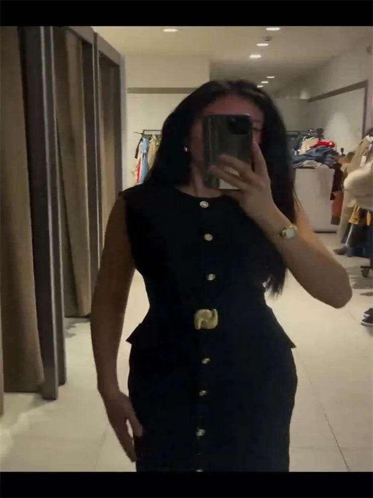 Black Long Dress Women With Belt Elegant Slim Single Breasted Sleeveless Front Split Dresses Female 2025 New Summer Lady Vestido - Empire P.E