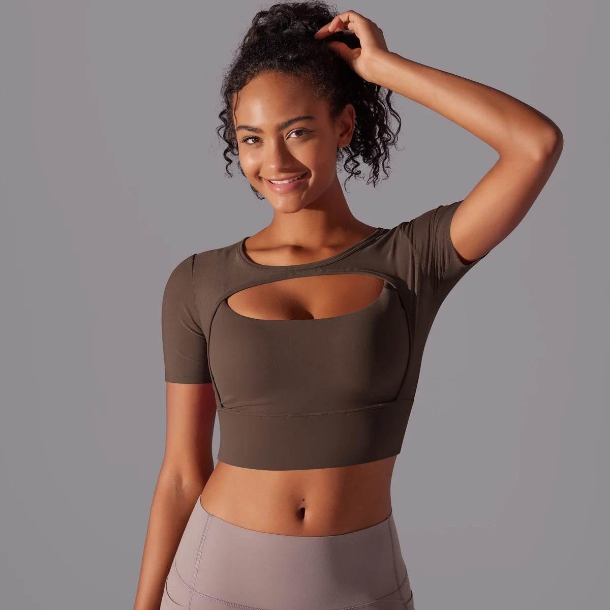 Solid Color Yoga Short Sleeve Sexy Double Layer Yoga Tank Top Spliced Mesh Yoga Clothing Top Fitness Running Sports Bra Women - Empire P.E